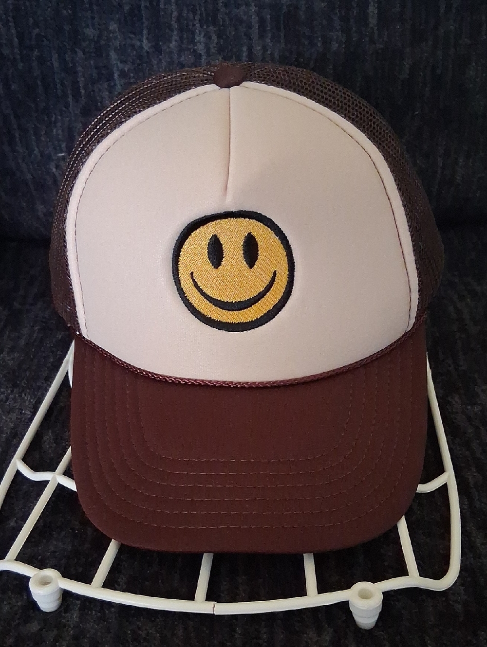 OTTO Brown & Cream Trucker Hat with Yellow Smiley Patch